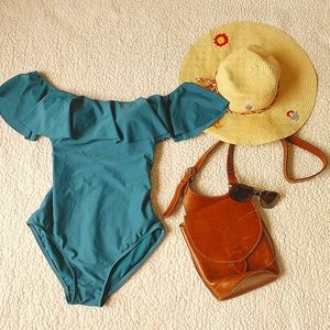 Dark blue off the shoulder swimsuit